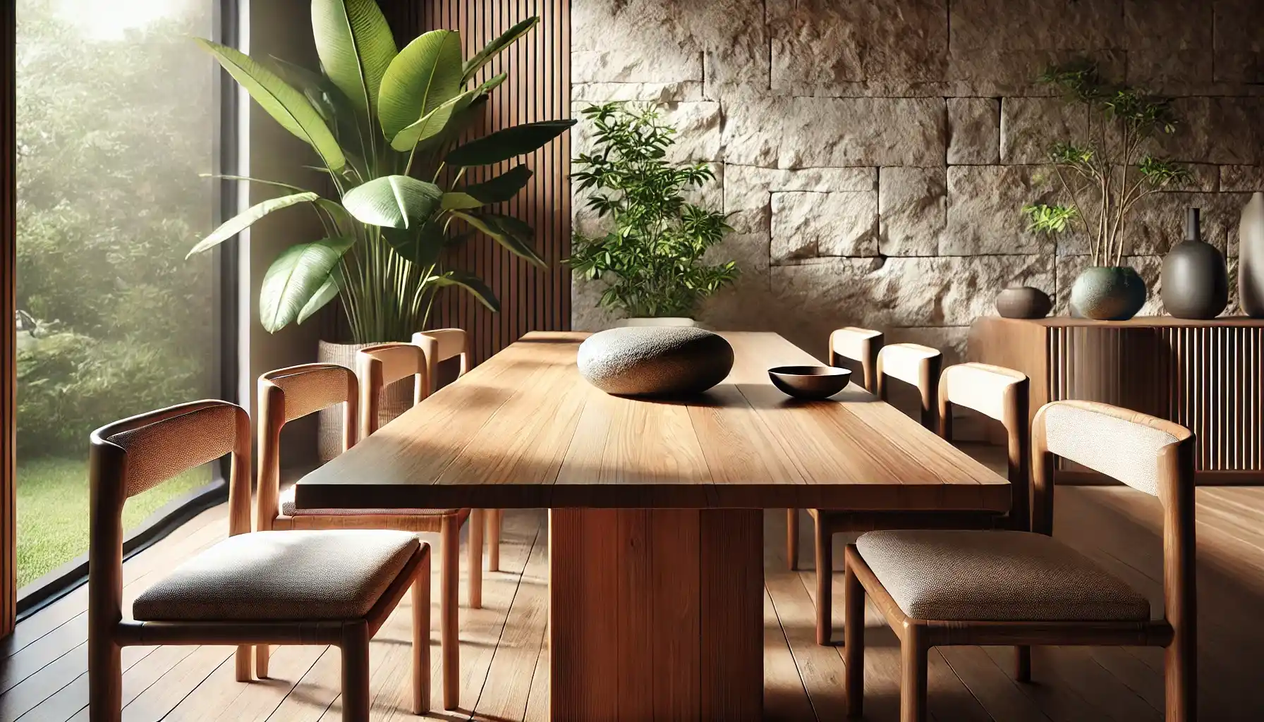 A modern wooden dining table with a textured stone centerpiece