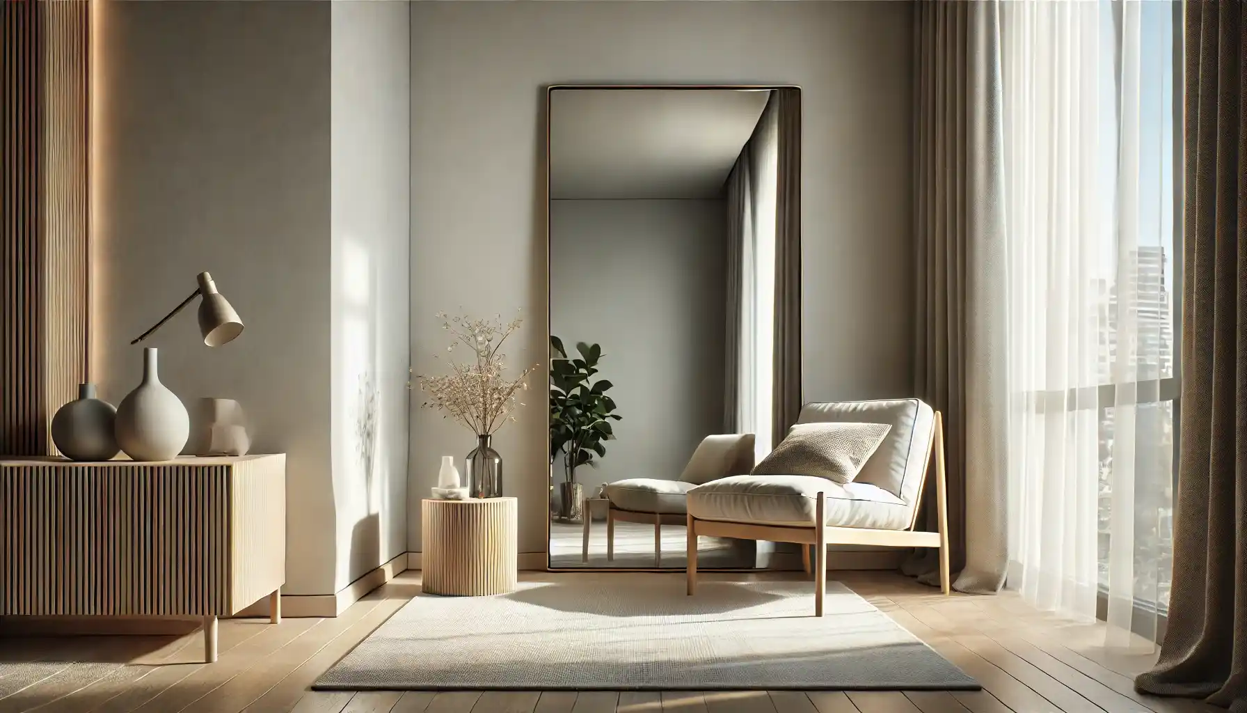 Living room wiht a large mirror on one wall