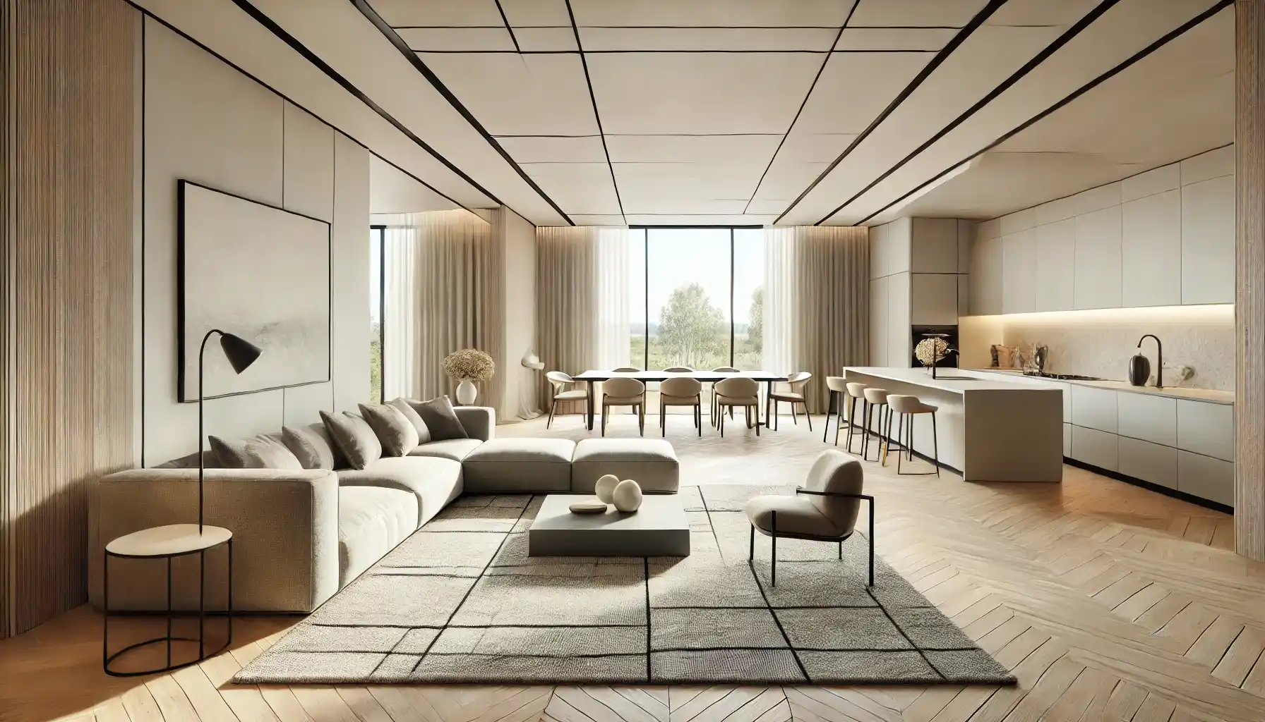 Open floor plan interior showcasing a connected living, dining, and kitchen area